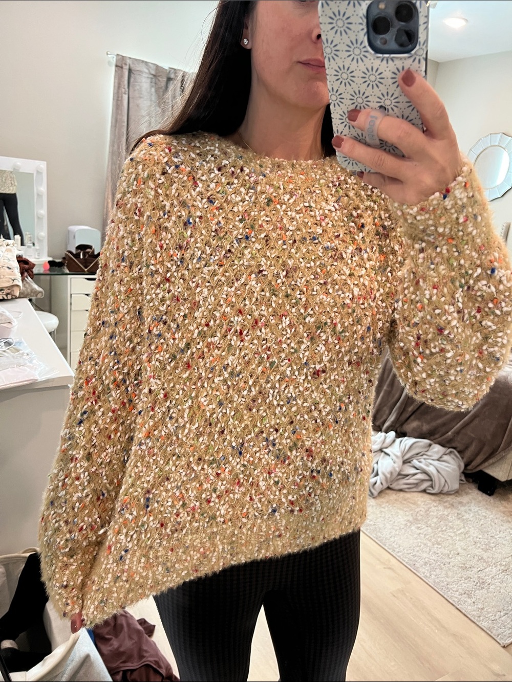 SHEIN Cream Multicolor Fleck Knit Crewneck Sweater
